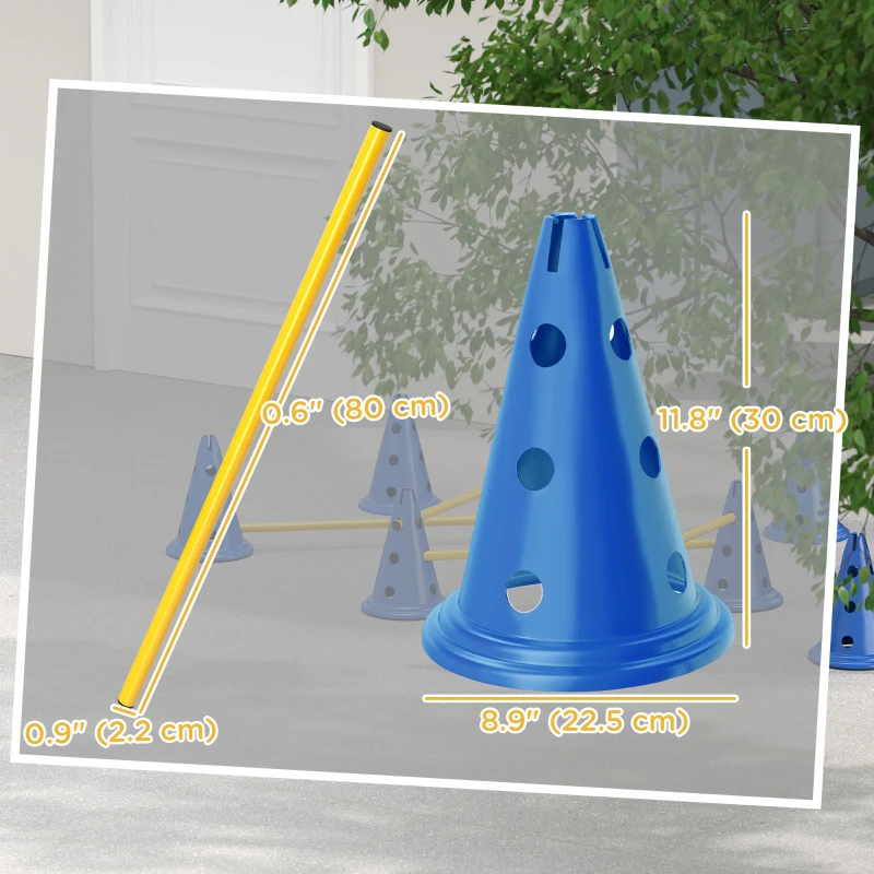 PawHut Dog Agility Hurdle Cone Set, Adjustable Obstacle Course Equipment with 8 Cones & 8 Poles, Carry Bag, Blue