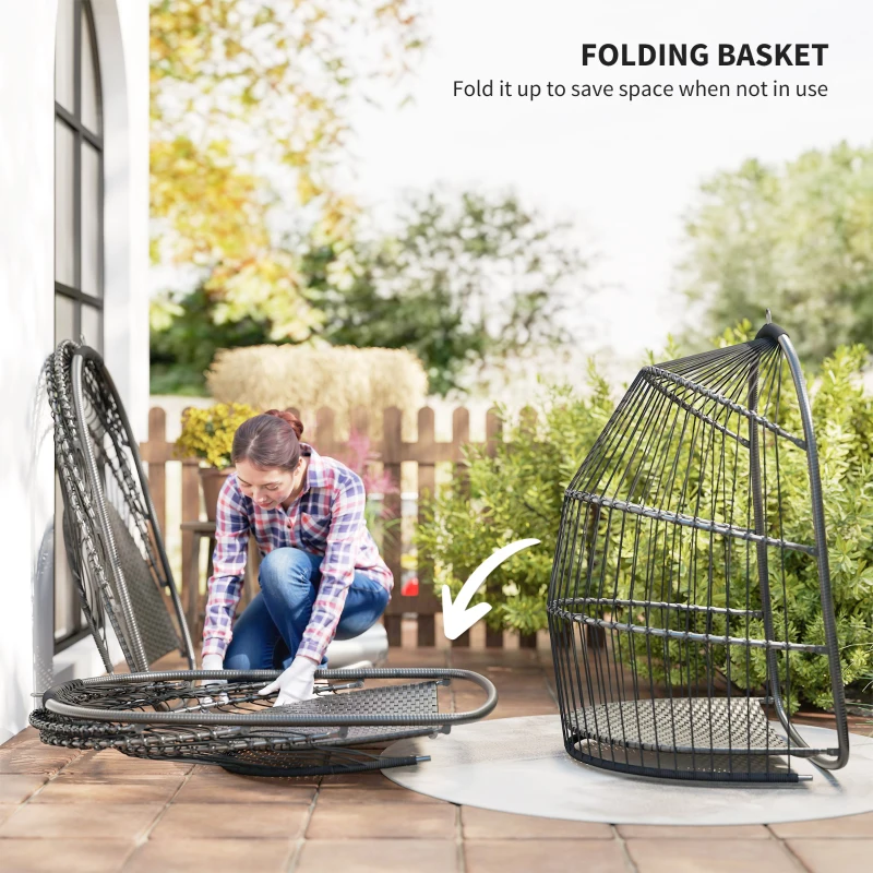 Outsunny Hanging Egg Chair, Foldable Rattan Garden Swing Chair with Installation Kit, Thickened Cushion and Headrest, Dark Grey