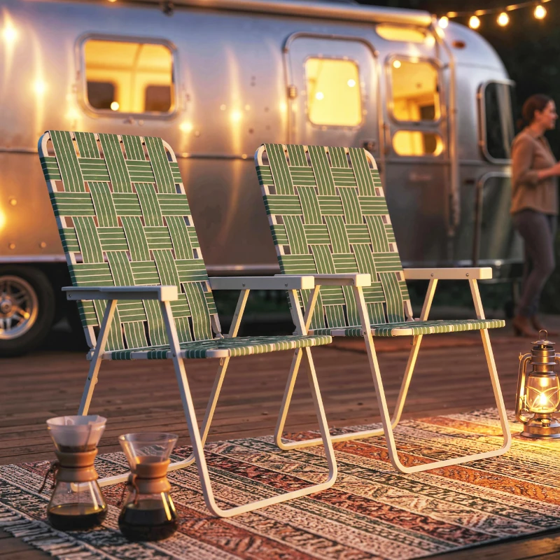 Outsunny Set of 2 Folding Patio Chairs, Portable Chair Set with Armrests for Camping, Garden, Pool, Beach, Backyard, Green