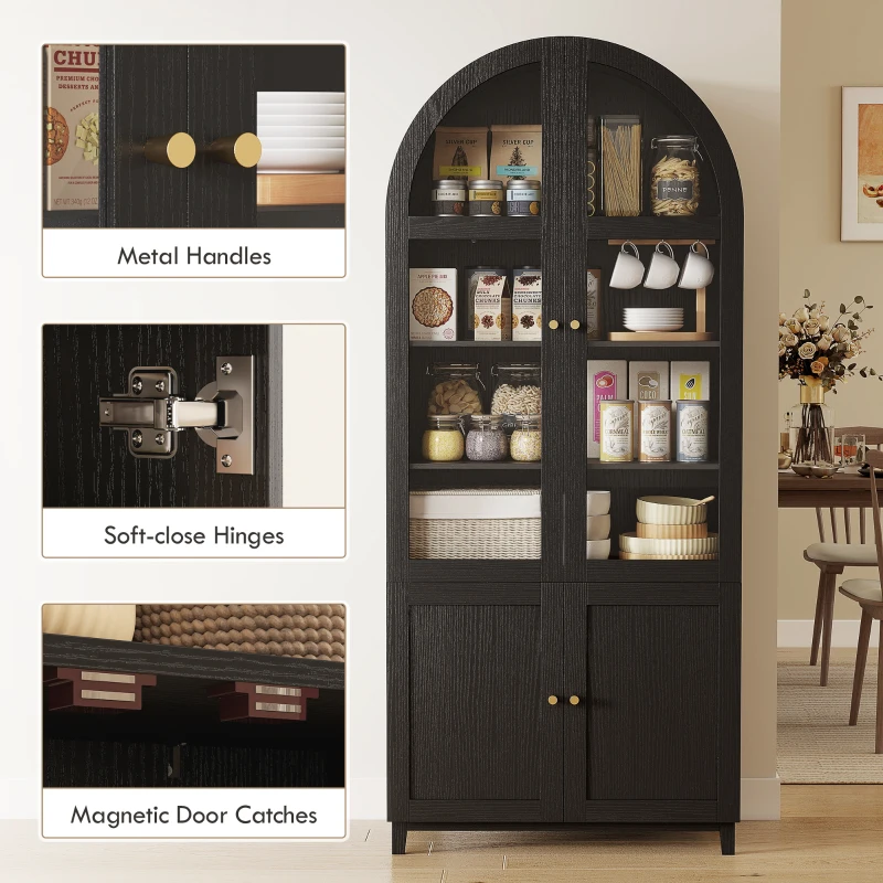 HOMCOM Arched Kitchen Pantry Cabinet, 71" Tall Farmhouse Kitchen Storage Cabinet with Acrylic Glass Doors, Black
