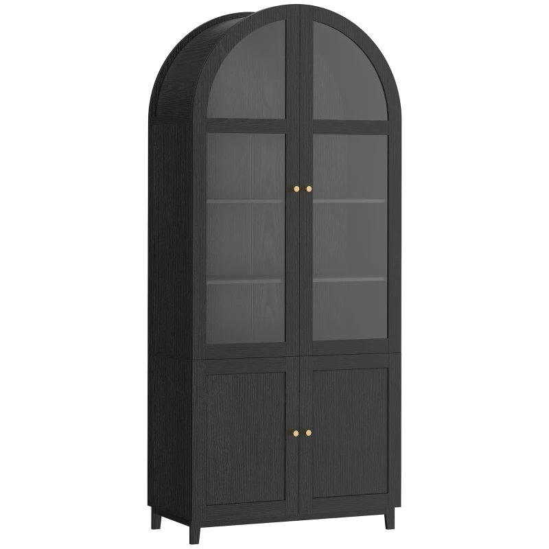 HOMCOM Arched Kitchen Pantry Cabinet, 71" Tall Farmhouse Kitchen Storage Cabinet with Acrylic Glass Doors, Black