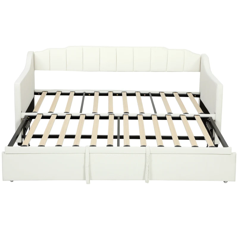 HOMCOM Upholstered Twin Trundle Bed, Extendable Twin to King Day Bed with Headboard and Armrests, Cream White