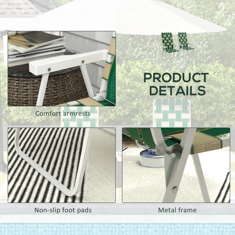 Outsunny Set of 2 Folding Patio Chairs, Portable Chair Set with Armrests for Camping, Garden, Pool, Beach, Backyard, Green