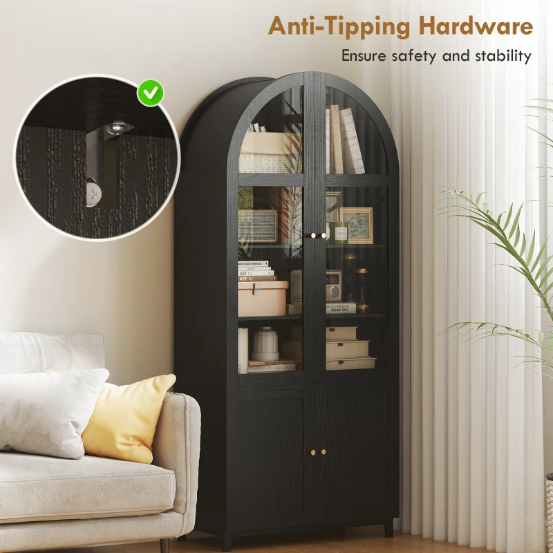 HOMCOM Arched Kitchen Pantry Cabinet, 71" Tall Farmhouse Kitchen Storage Cabinet with Acrylic Glass Doors, Black