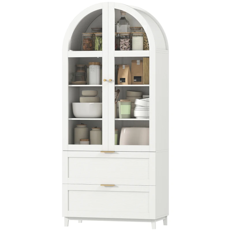 HOMCOM Arched Kitchen Pantry Cabinet, 71" Tall Farmhouse Kitchen Storage Cabinet with 2 Drawers, Acrylic Glass Doors, White