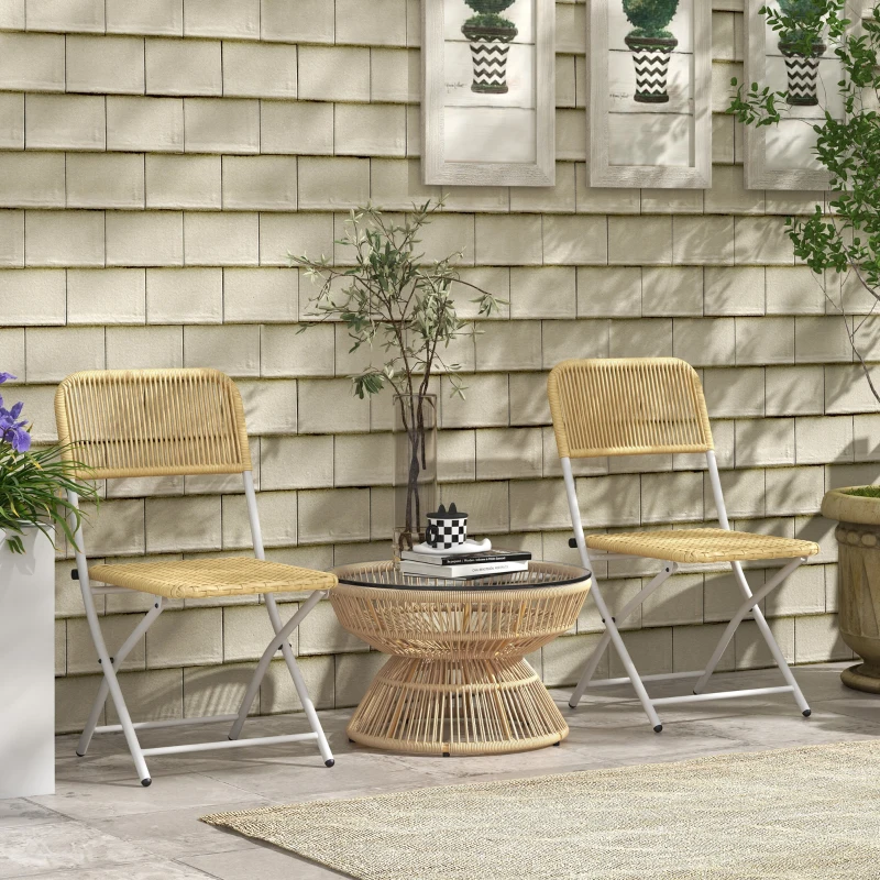 Outsunny Rattan Outdoor Coffee Table, Patio End Table with Tempered Glass Tabletop & Steel Frame, Wicker Furniture, Nature Wood