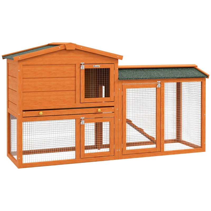 PawHut Two-Level Rabbit Hutch Small Animal House Pet Bunny Cage Home w/ Outdoor Run Water & UV Resistant Roof Access Ramp