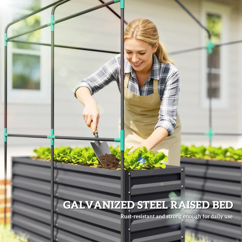 Outsunny Greenhouse with Raised Garden Bed, Galvanized Steel Outdoor Greenhouse with Roll Up Door, 56" x 56" x 75", Dark Gray