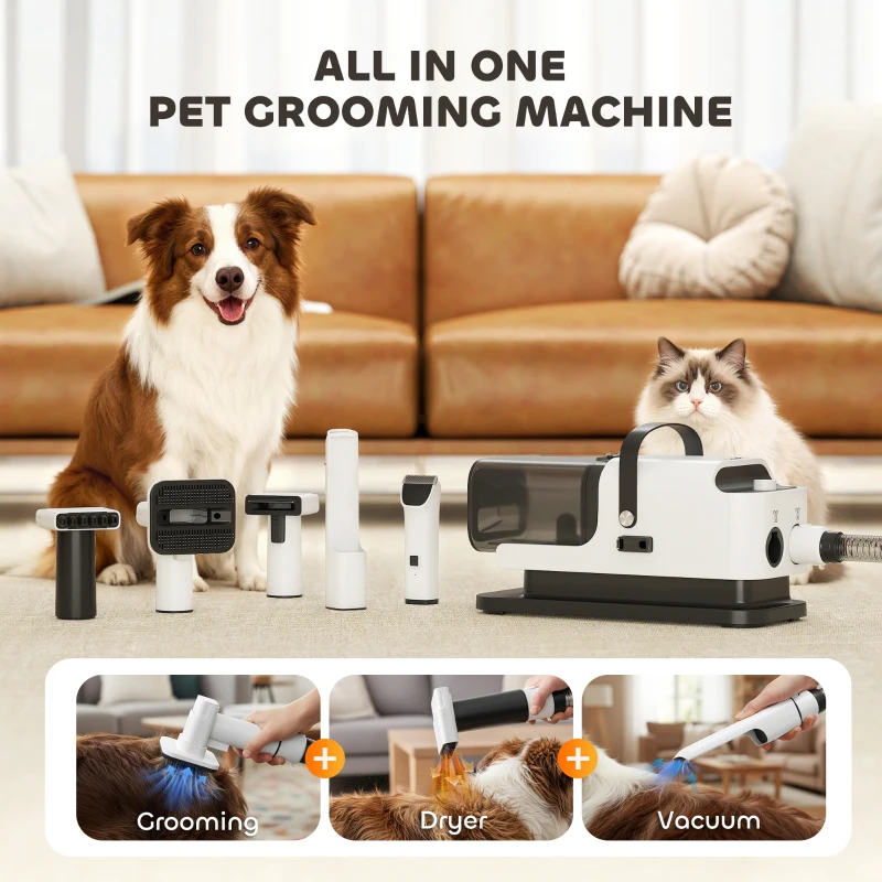 PawHut 5 in 1 Dog Grooming Vacuum & Dryer w/ Clipper, 50dB Low Noise, Adjustable Speed & Temp, 1.8L Canister
