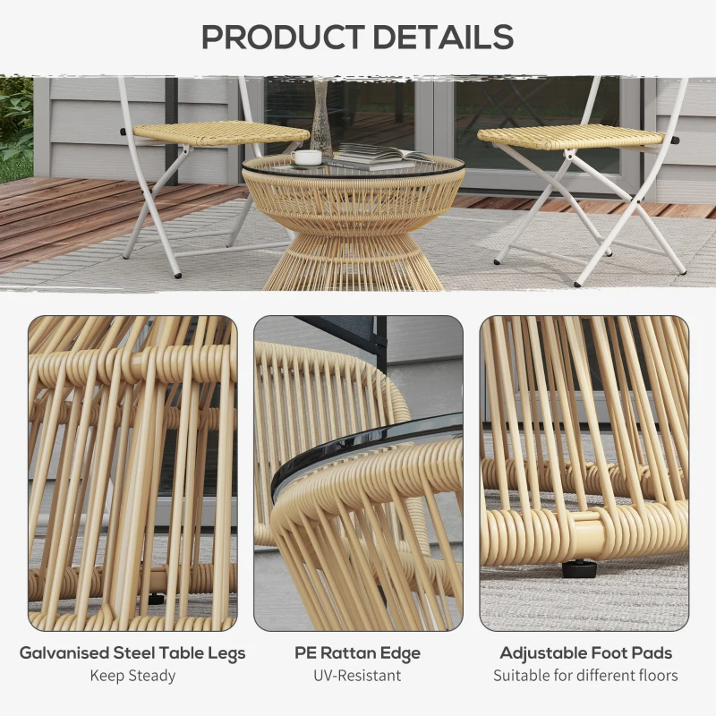 Outsunny Rattan Outdoor Coffee Table, Patio End Table with Tempered Glass Tabletop & Steel Frame, Wicker Furniture, Nature Wood