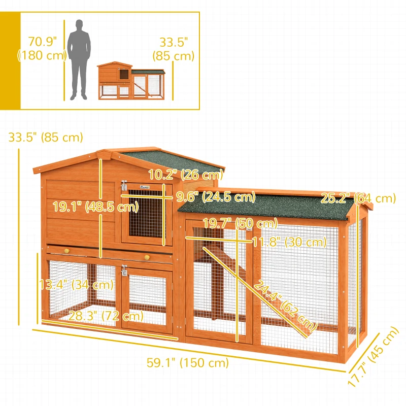 PawHut Two-Level Rabbit Hutch Small Animal House Pet Bunny Cage Home w/ Outdoor Run Water & UV Resistant Roof Access Ramp