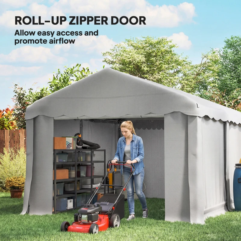 Outsunny 13' x 10' Portable Shed, Outdoor Storage Shed Tent with Roll-up Zipper Door and Removable Sidewalls, Light Grey