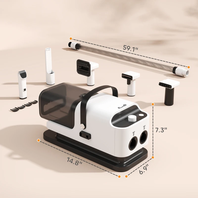 PawHut 5 in 1 Dog Grooming Vacuum & Dryer w/ Clipper, 50dB Low Noise, Adjustable Speed & Temp, 1.8L Canister