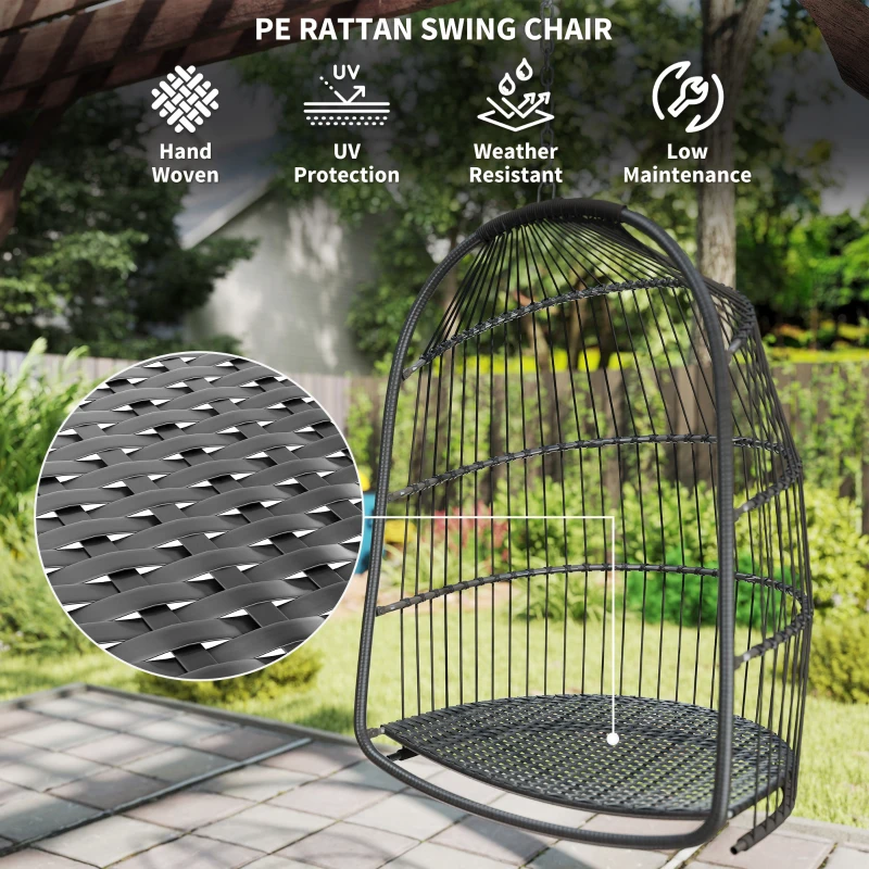 Outsunny Hanging Egg Chair, Foldable Rattan Garden Swing Chair with Installation Kit, Thickened Cushion and Headrest, Dark Grey