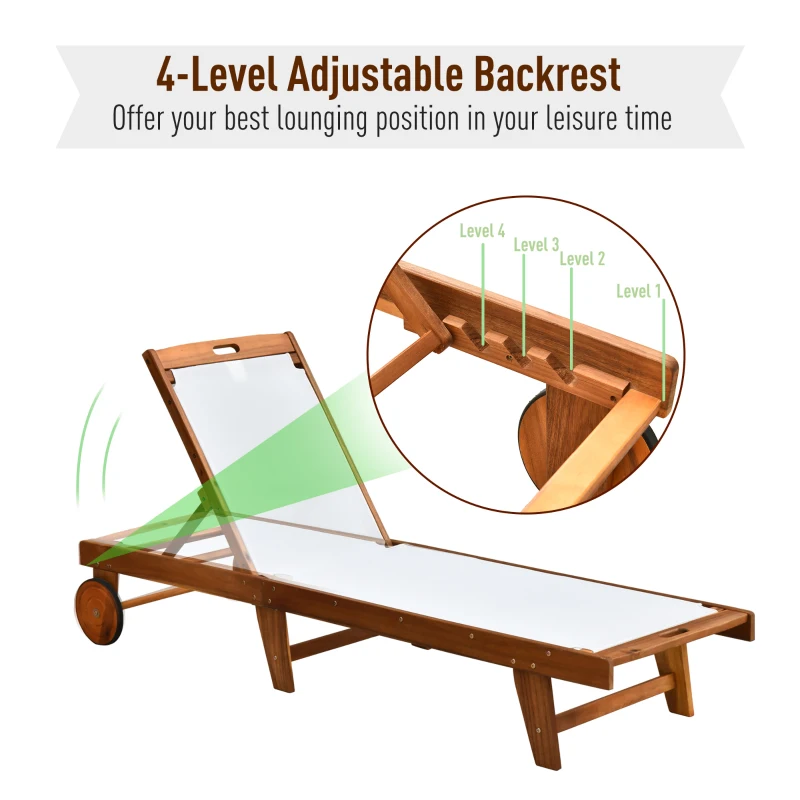 Outsunny Mesh Acacia Wood Adjustable Outdoor Sun Lounger with Wheels