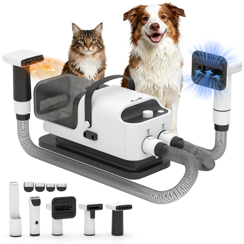 PawHut 5 in 1 Dog Grooming Vacuum & Dryer w/ Clipper, 50dB Low Noise, Adjustable Speed & Temp, 1.8L Canister