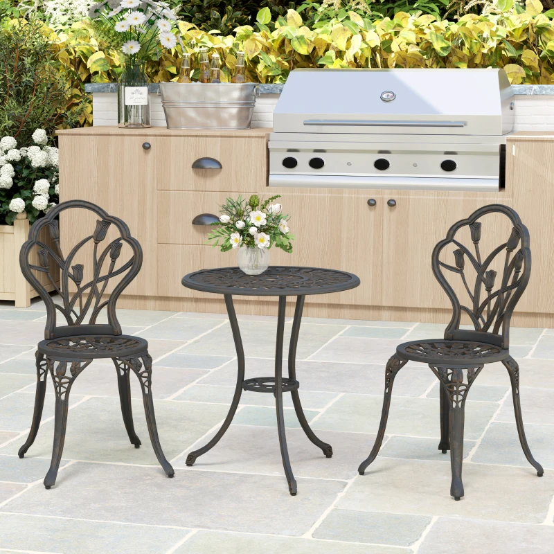 Outsunny 3PCs Patio Bistro Set, Outdoor Cast Aluminum Garden Table and Chairs with Umbrella Hole for Balcony, Bronze