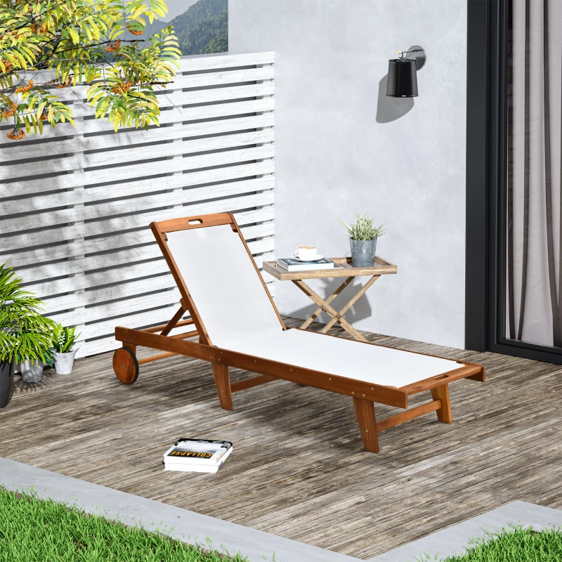Outsunny Mesh Acacia Wood Adjustable Outdoor Sun Lounger with Wheels