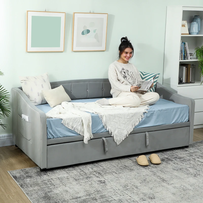 HOMCOM Upholstered Twin Size Trundle Bed, Velvet Twin to King Day Bed with Pop Up Trundle, Headboard and 2 Pockets, Light Grey