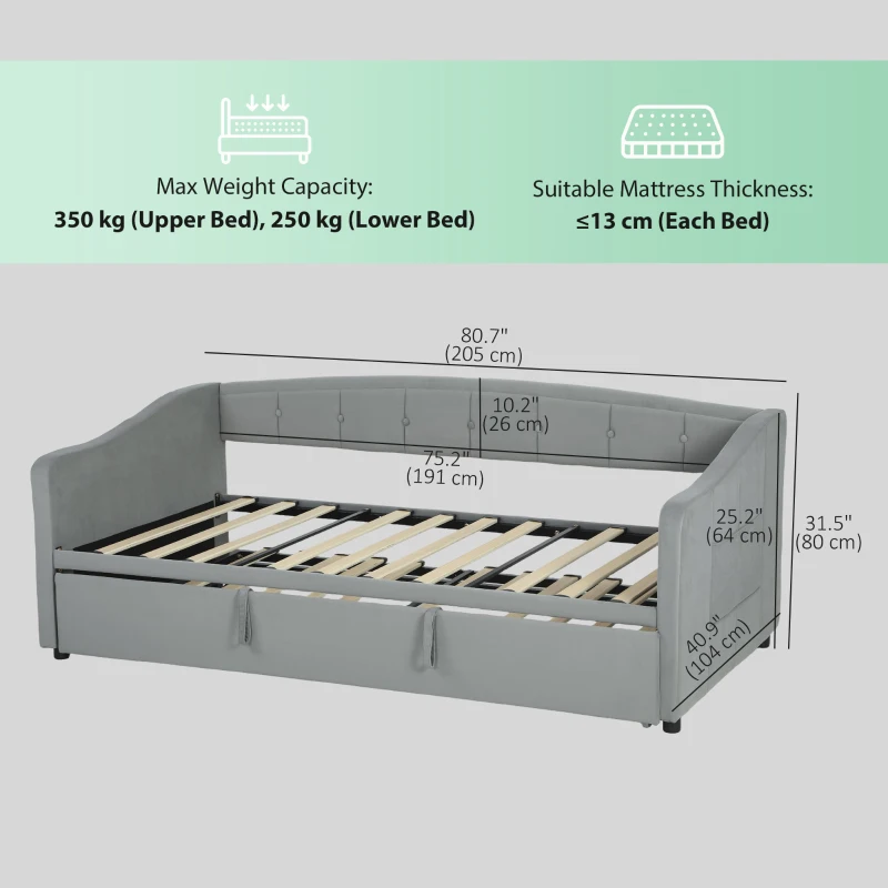 HOMCOM Upholstered Twin Size Trundle Bed, Velvet Twin to King Day Bed with Pop Up Trundle, Headboard and 2 Pockets, Light Grey