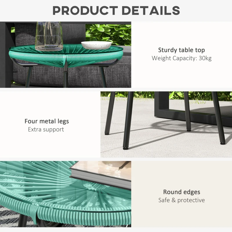 Outsunny Rattan Side Table, Round Outdoor Table, with Round PE Rattan and Tempered Glass Table Top for Patio, Garden, Light Green