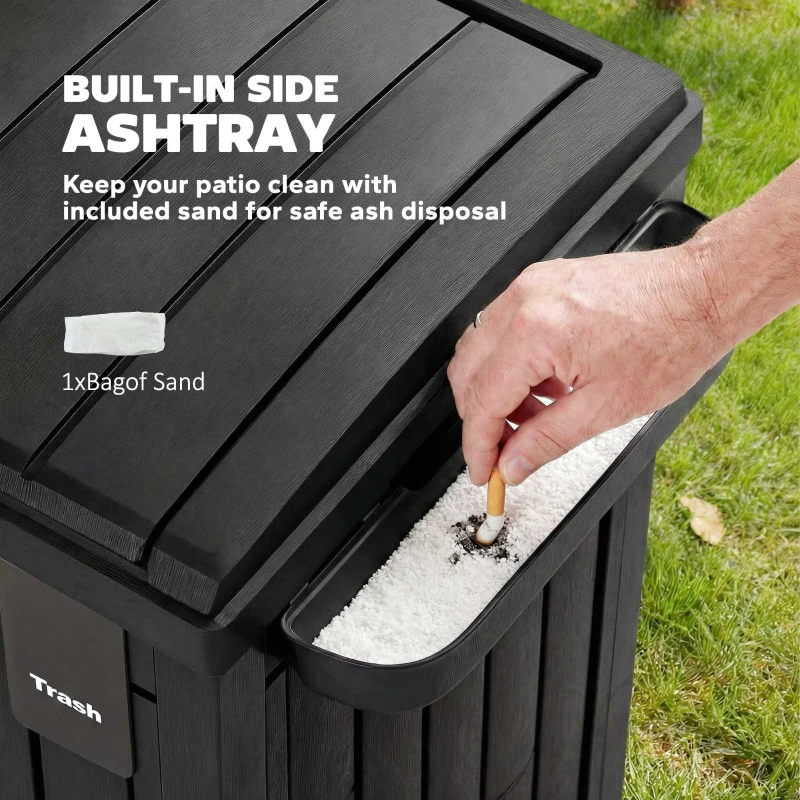 Outsunny 29 Gallon Outdoor Garbage Bin with Dual Lid, Plastic Outdoor Waste Trash Can with Ashtray and Drip Tray, Black