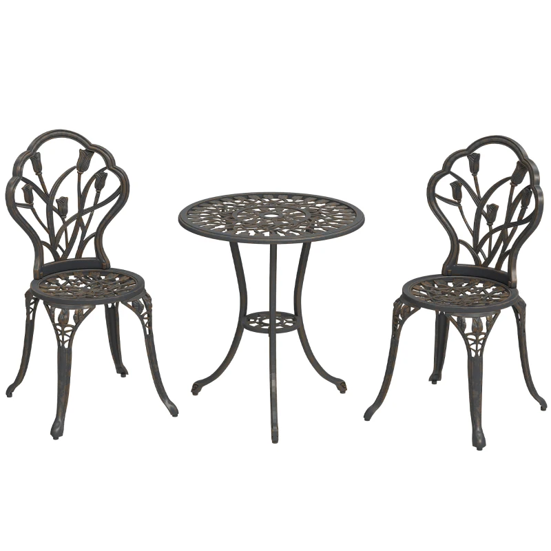 Outsunny 3PCs Patio Bistro Set, Outdoor Cast Aluminum Garden Table and Chairs with Umbrella Hole for Balcony, Bronze