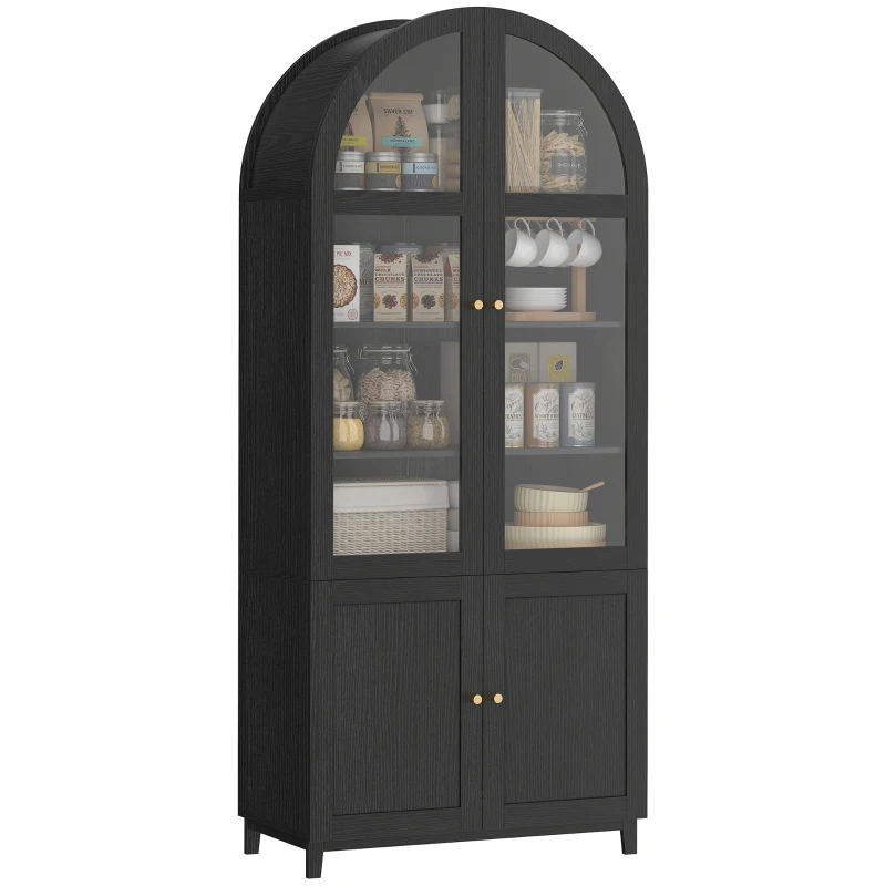 HOMCOM Arched Kitchen Pantry Cabinet, 71" Tall Farmhouse Kitchen Storage Cabinet with Acrylic Glass Doors, Black