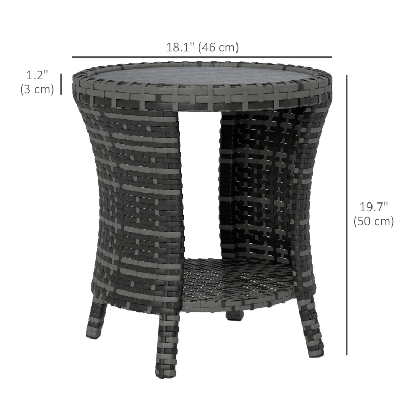Outsunny 18" Wicker Outdoor Coffee Table, PE Rattan Patio Side Table with 2-Tier Storage, Composite Wood Top, Grey