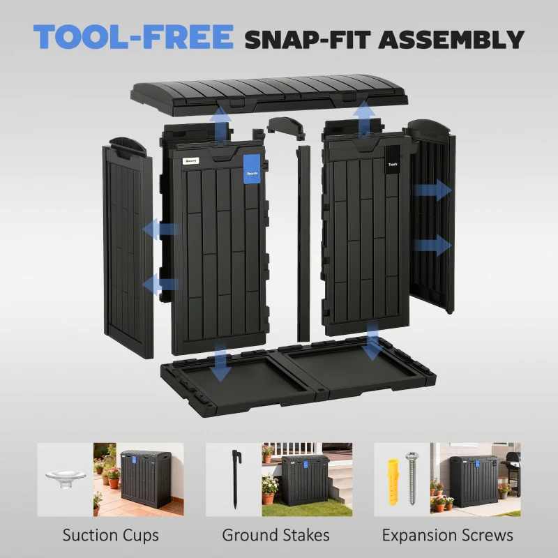 Outsunny 58 Gallon Double Outdoor Garbage Bin with Dual Lid, Plastic Outdoor Waste Trash Can with Ashtray and Drip Trays, Black