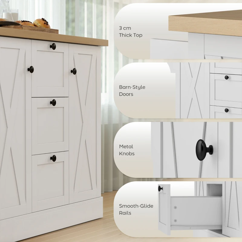 HOMCOM Farmhouse Kitchen Island Cart with Power Outlet and Soft-Close Doors, 49" Kitchen Island with 3 Drawers, White