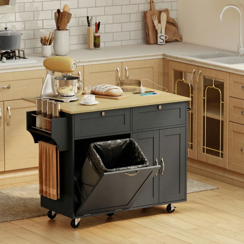 HOMCOM Kitchen Island Cart with Charging Station and Drop Leaf, Kitchen Island Table on Wheels with Trash Can Cabinet, Black