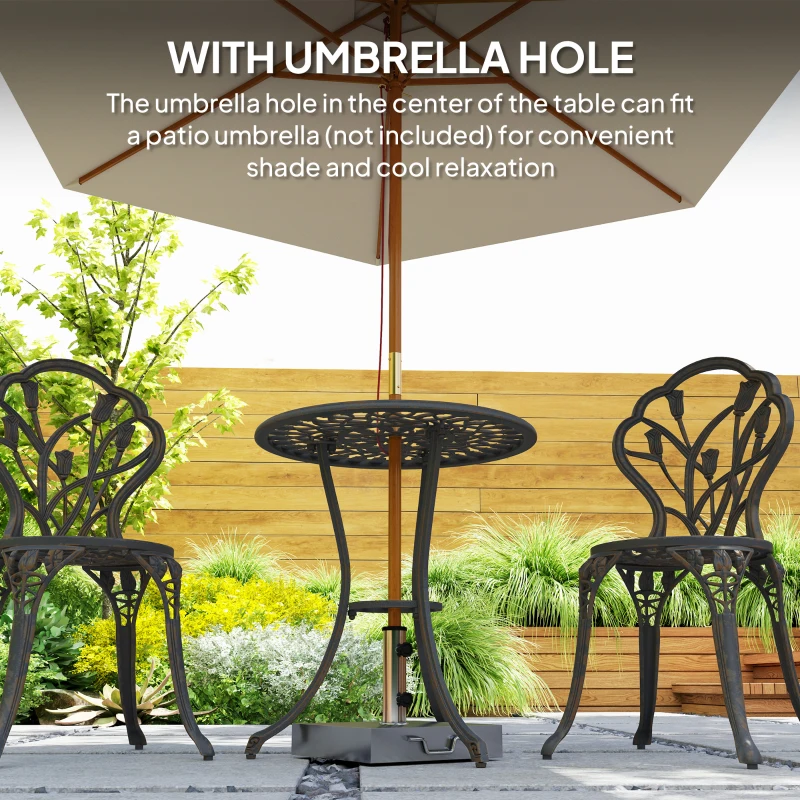 Outsunny 3PCs Patio Bistro Set, Outdoor Cast Aluminum Garden Table and Chairs with Umbrella Hole for Balcony, Bronze