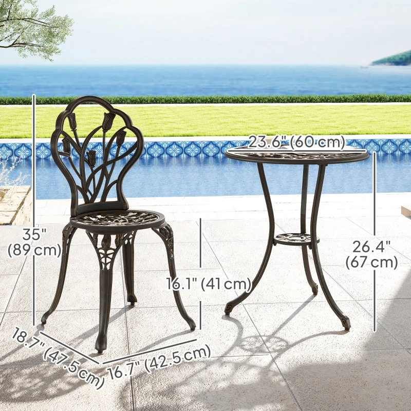 Outsunny 3PCs Patio Bistro Set, Outdoor Cast Aluminum Garden Table and Chairs with Umbrella Hole for Balcony, Bronze