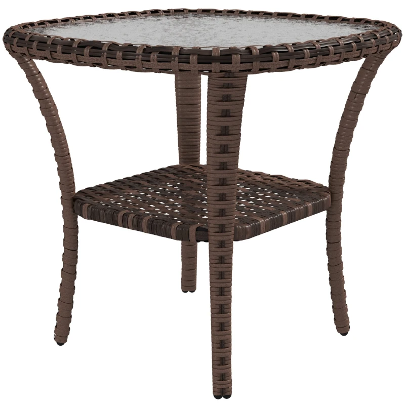 Outsunny Outdoor Coffee Table with Storage Shelf, Hand-Woven Wicker Side Table with Water-Ripple Glass Top, Mix Brown