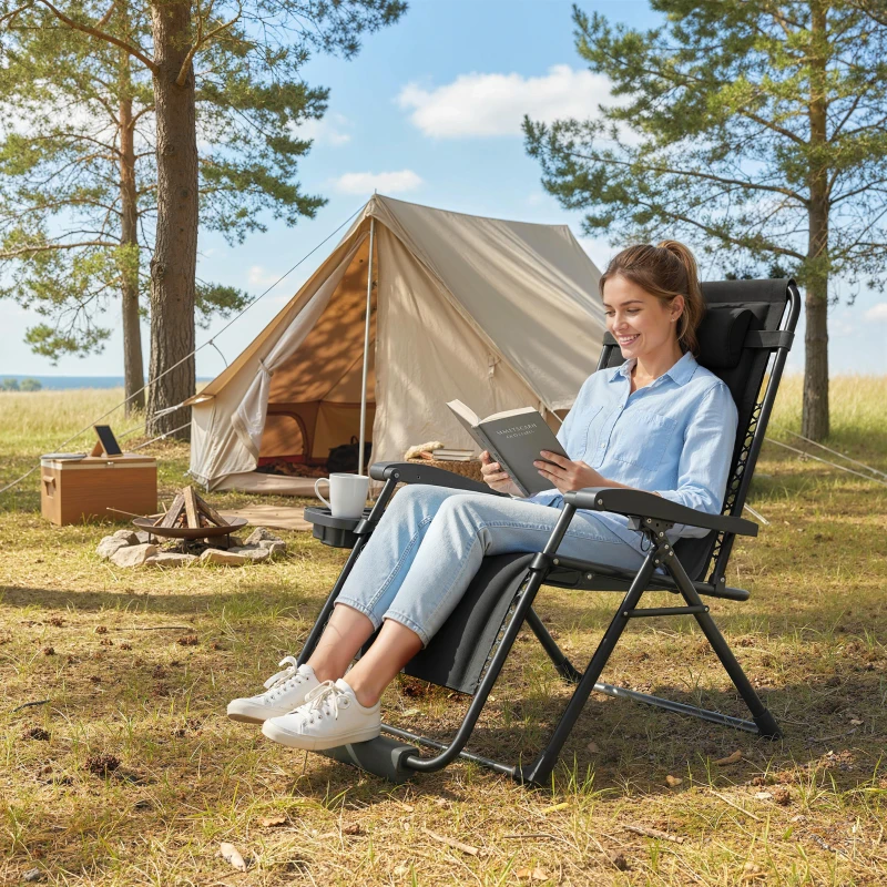 Outsunny Zero Gravity Chair, Reclining Outdoor Lounger Chair with Cup Holder, 400 LBS Capacity, Black