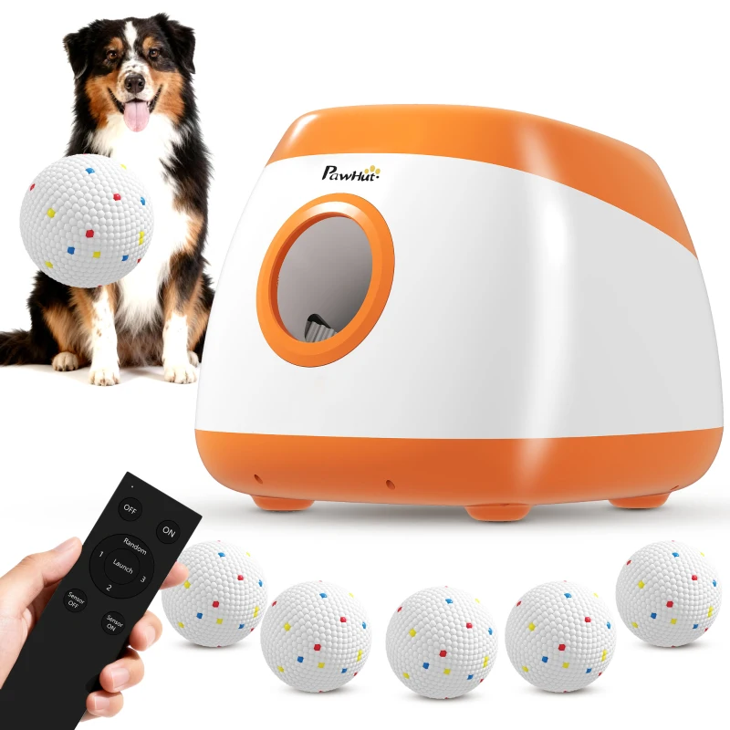 PawHut Automatic Dog Ball Launcher with 26-80 FT Distance, Automatic Ball Launcher for Medium and Large Dogs, Orange