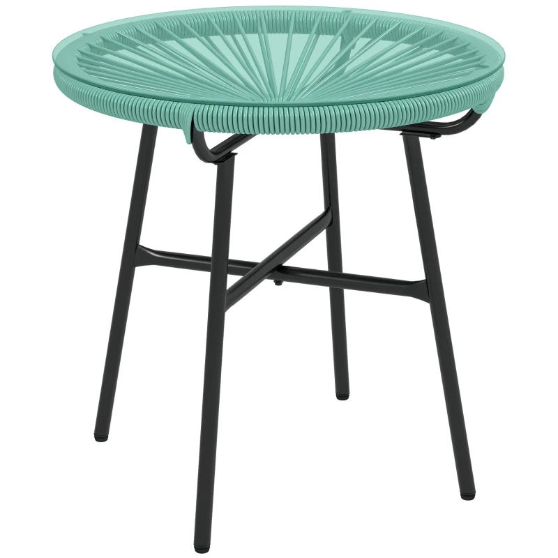 Outsunny Rattan Side Table, Round Outdoor Table, with Round PE Rattan and Tempered Glass Table Top for Patio, Garden, Light Green