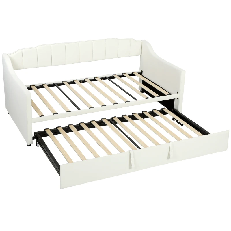 HOMCOM Upholstered Twin Trundle Bed, Extendable Twin to King Day Bed with Headboard and Armrests, Cream White