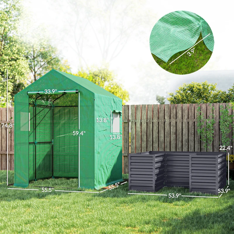 Outsunny Greenhouse with Raised Garden Bed, Galvanized Steel Outdoor Greenhouse with Roll Up Door, 56" x 56" x 75", Dark Gray