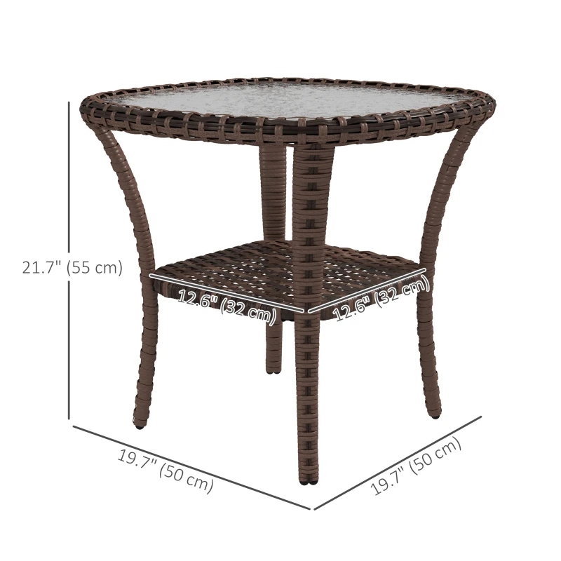 Outsunny Outdoor Coffee Table with Storage Shelf, Hand-Woven Wicker Side Table with Water-Ripple Glass Top, Mix Brown