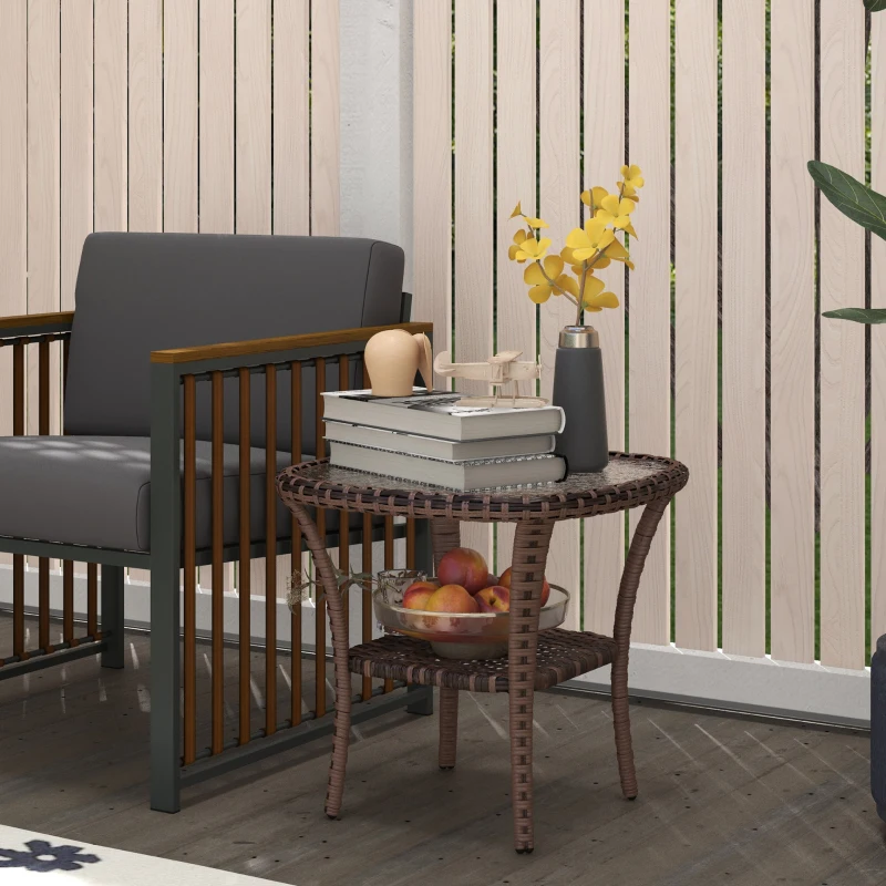 Outsunny Outdoor Coffee Table with Storage Shelf, Hand-Woven Wicker Side Table with Water-Ripple Glass Top, Mix Brown