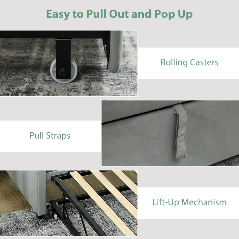 HOMCOM Upholstered Twin Size Trundle Bed, Velvet Twin to King Day Bed with Pop Up Trundle, Headboard and 2 Pockets, Light Grey