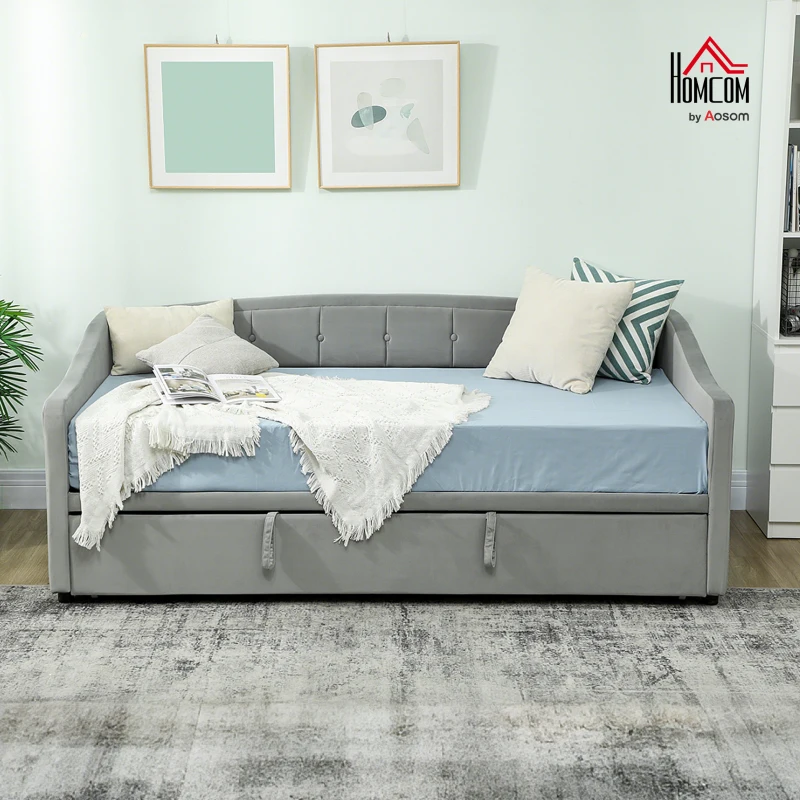 HOMCOM Upholstered Twin Size Trundle Bed, Velvet Twin to King Day Bed with Pop Up Trundle, Headboard and 2 Pockets, Light Grey