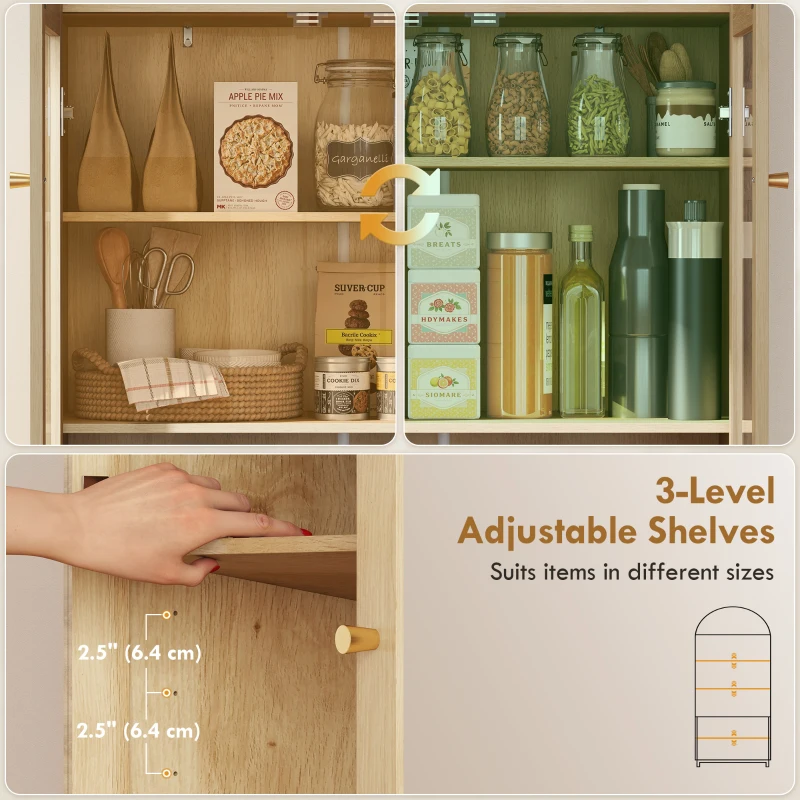 HOMCOM Arched Kitchen Pantry Cabinet, 71" Tall Farmhouse Kitchen Storage Cabinet with Acrylic Glass Doors, Oak