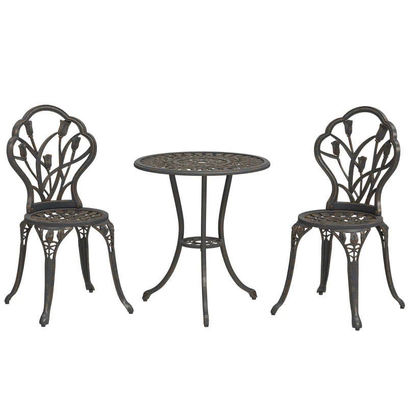 Outsunny 3PCs Patio Bistro Set, Outdoor Cast Aluminum Garden Table and Chairs with Umbrella Hole for Balcony, Bronze
