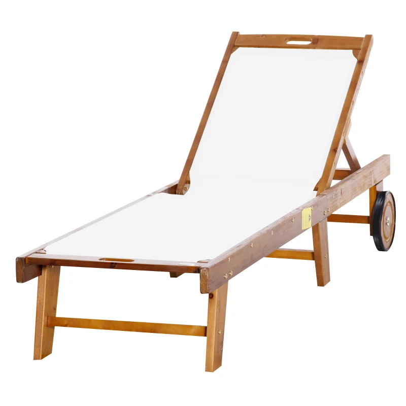 Outsunny Mesh Acacia Wood Adjustable Outdoor Sun Lounger with Wheels