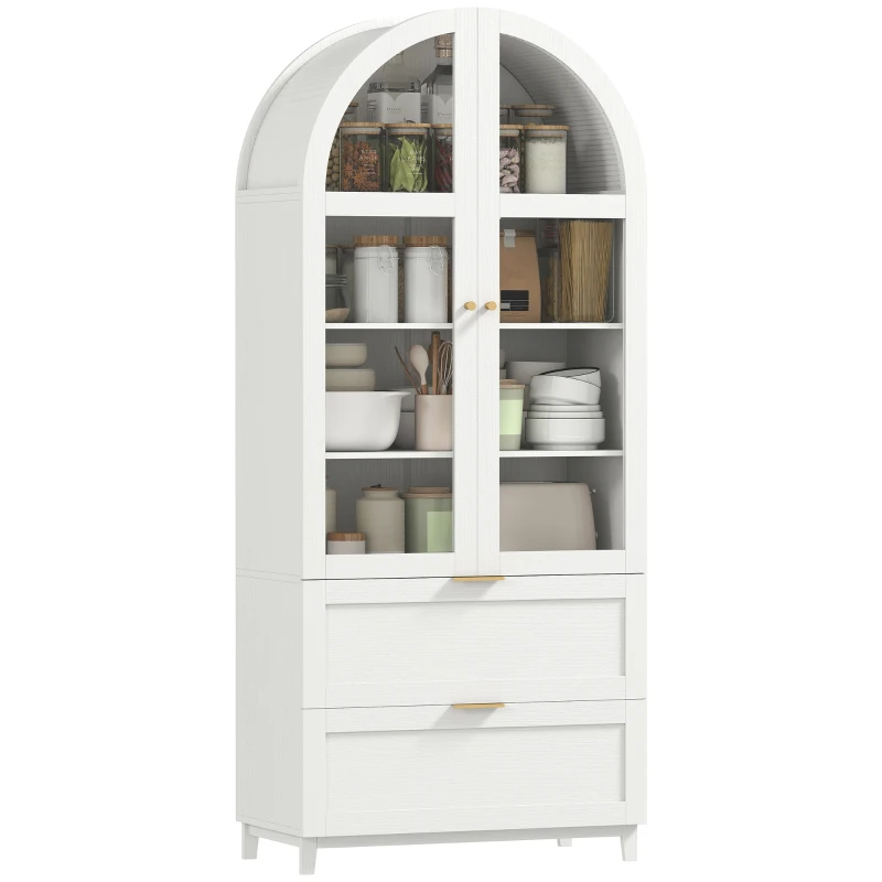 HOMCOM Arched Kitchen Pantry Cabinet, 71" Tall Farmhouse Kitchen Storage Cabinet with 2 Drawers, Acrylic Glass Doors, White