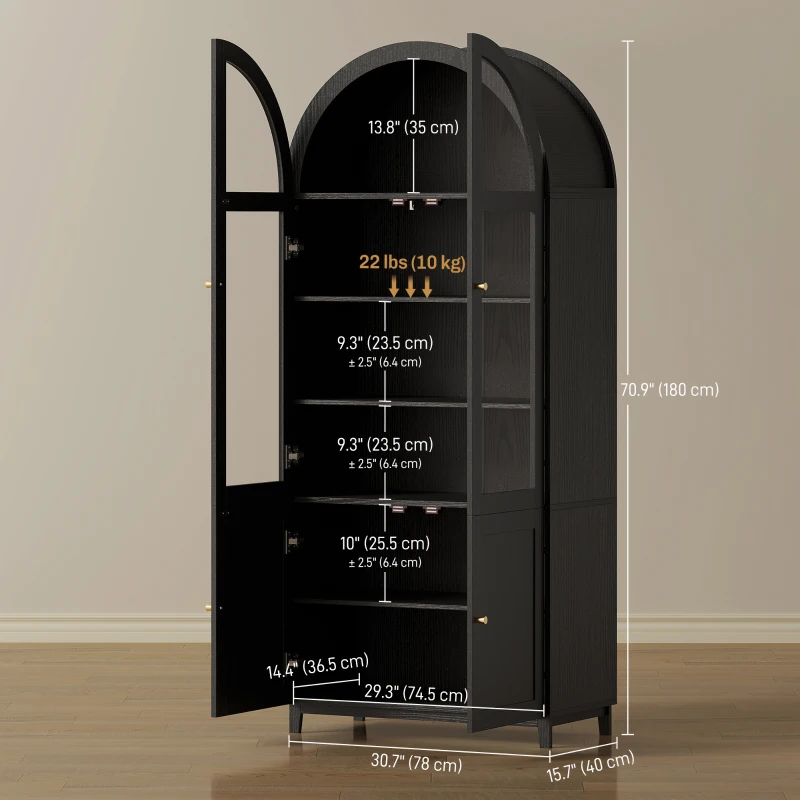 HOMCOM Arched Kitchen Pantry Cabinet, 71" Tall Farmhouse Kitchen Storage Cabinet with Acrylic Glass Doors, Black