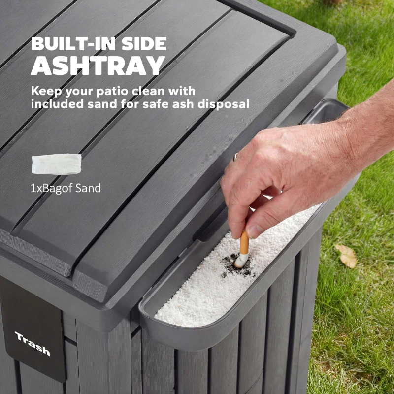 Outsunny 29 Gallon Outdoor Garbage Bin with Dual Lid, Plastic Outdoor Waste Trash Can with Ashtray and Drip Tray, Grey